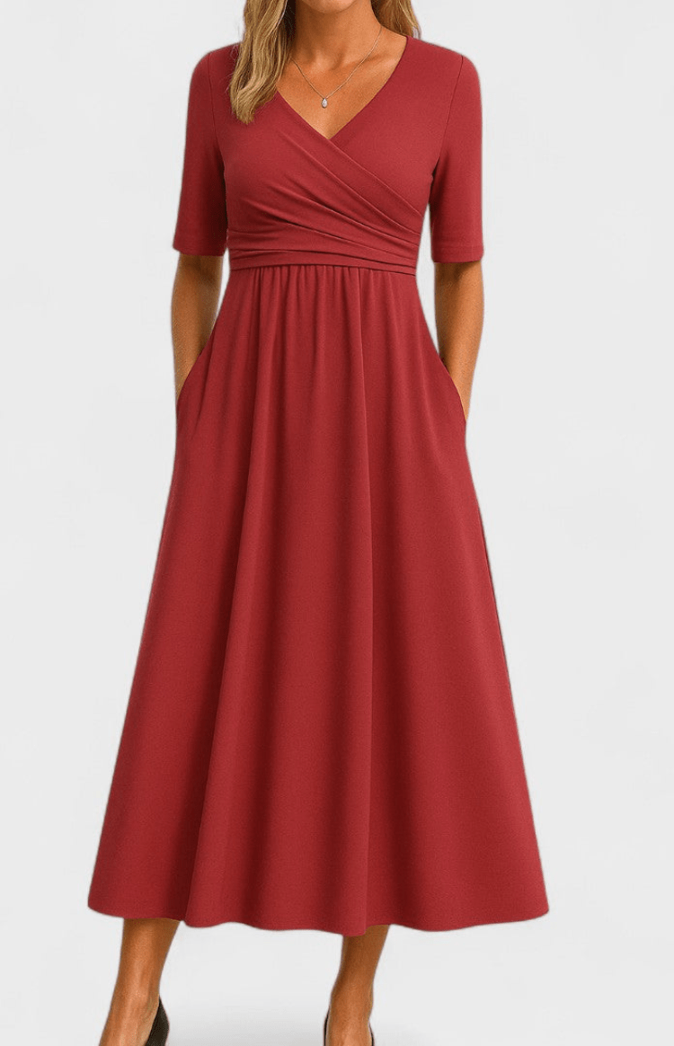 AVANÉ – Chic V-Neck Midi Dress for Elegant Occasions