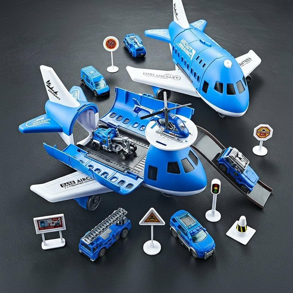 AEROTOWN – Inertial Airplane & Vehicle Playset with Helicopter and Street Signs for Children 11