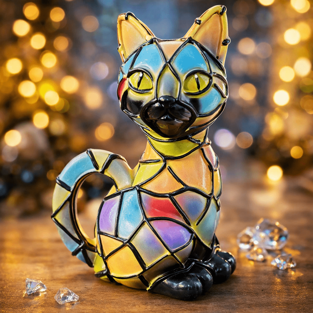 Artistic Cat Table Lamp - Tiffany-Style Stained Resin with Warm Amber Glow 1