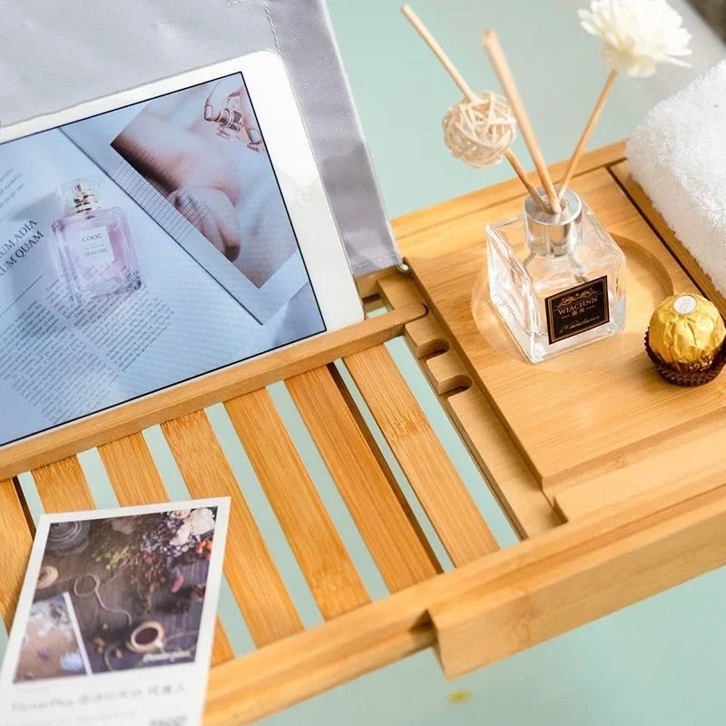 Aurevo - Extendable Bamboo Bathtub Shelf with Wine Glass & Book Holder 1