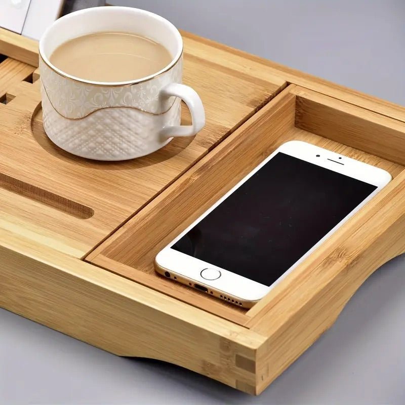 Aurevo - Extendable Bamboo Bathtub Shelf with Wine Glass & Book Holder 2