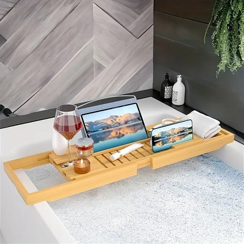 Aurevo - Extendable Bamboo Bathtub Shelf with Wine Glass & Book Holder 3
