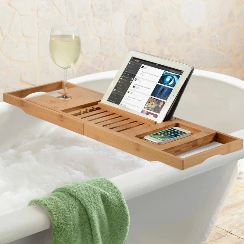 Aurevo - Extendable Bamboo Bathtub Shelf with Wine Glass & Book Holder 4