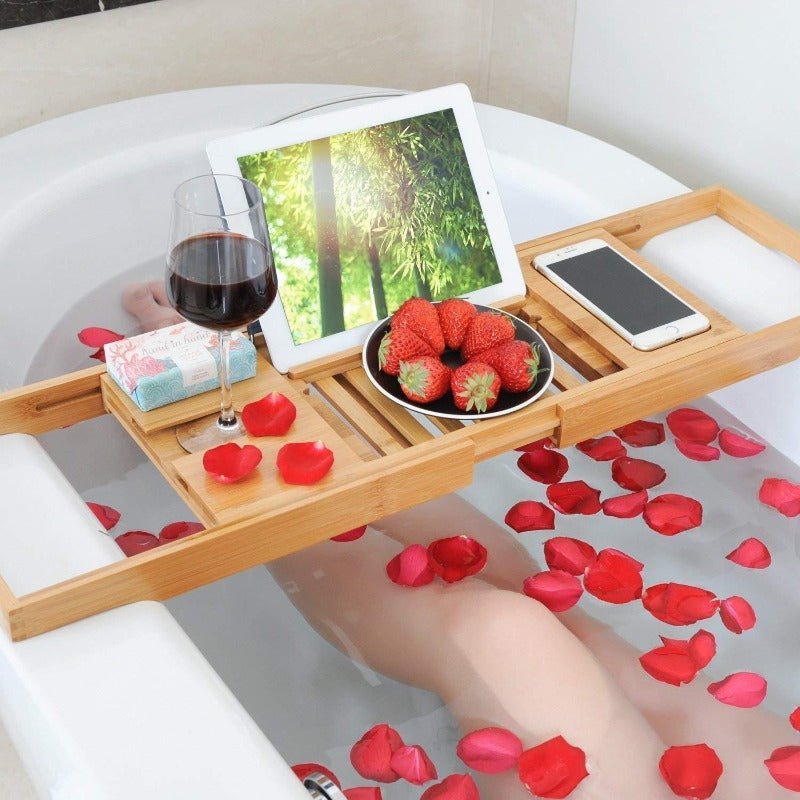 Aurevo - Extendable Bamboo Bathtub Shelf with Wine Glass & Book Holder 5