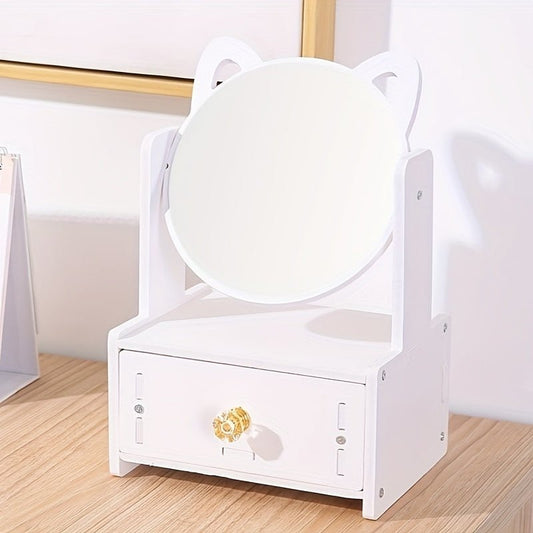 Charming Cat Ear Vanity Mirror with 360° Rotation and Built-in Storage Drawer 0