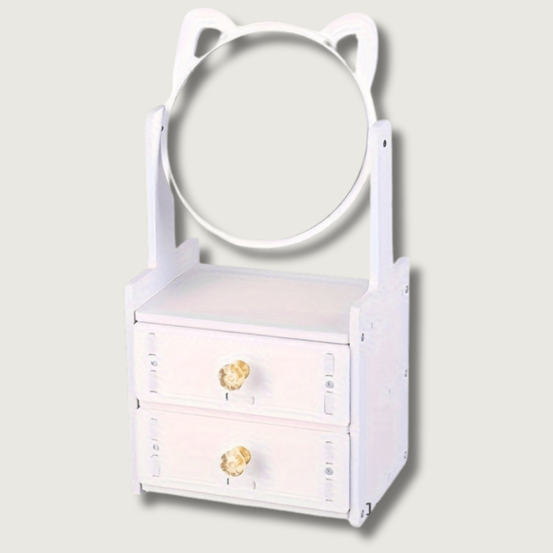 Charming Cat Ear Vanity Mirror with 360° Rotation and Built-in Storage Drawer 1
