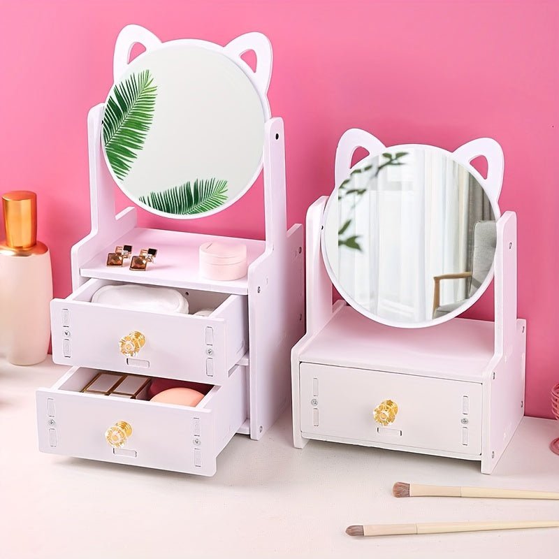 Charming Cat Ear Vanity Mirror with 360° Rotation and Built-in Storage Drawer 2