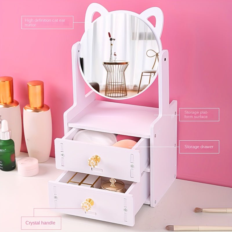 Charming Cat Ear Vanity Mirror with 360° Rotation and Built-in Storage Drawer 3