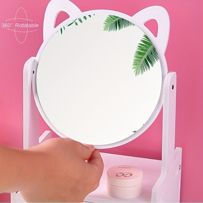Charming Cat Ear Vanity Mirror with 360° Rotation and Built-in Storage Drawer 5