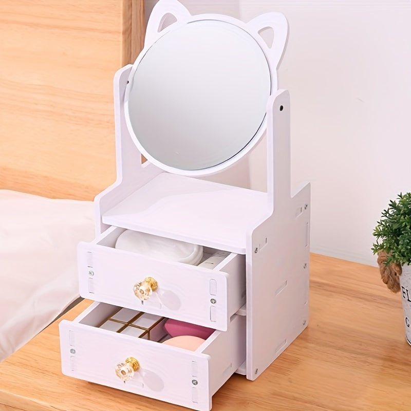 Charming Cat Ear Vanity Mirror with 360° Rotation and Built-in Storage Drawer 6