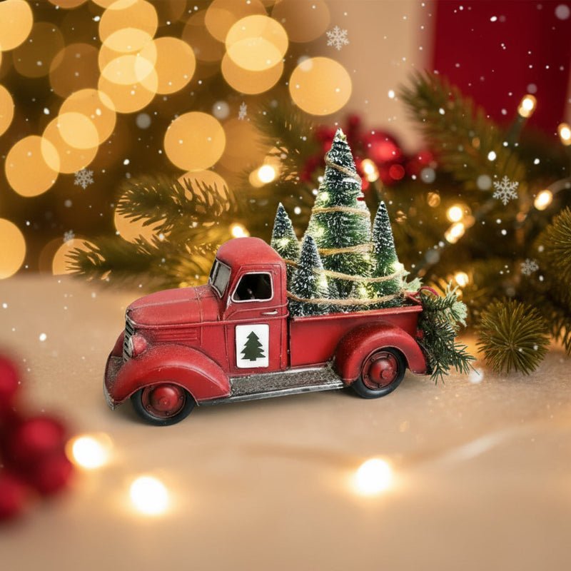 SLEIGHSHIFT – Vintage Red Truck Christmas Ornament with Mini Tree