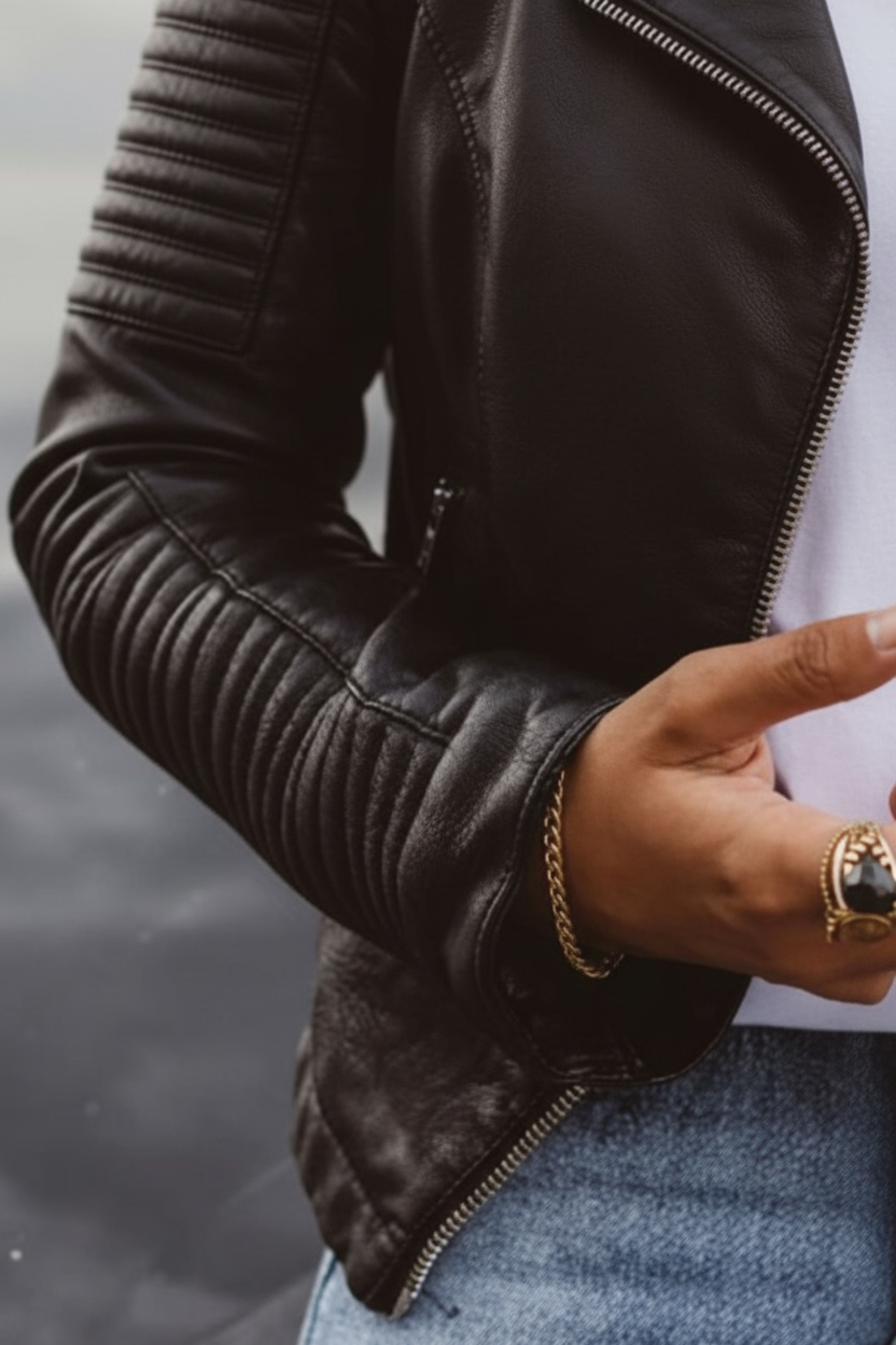 Chic Women's Black Leather Jacket with Stand Collar and Full Zip Closure 3