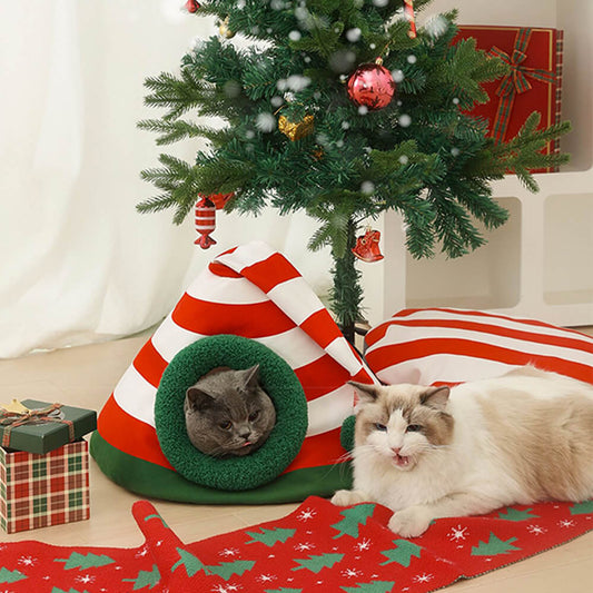 Cozy Cat Bed - Classic Christmas Hat Design, Soft Faux Lambswool, Washable 0