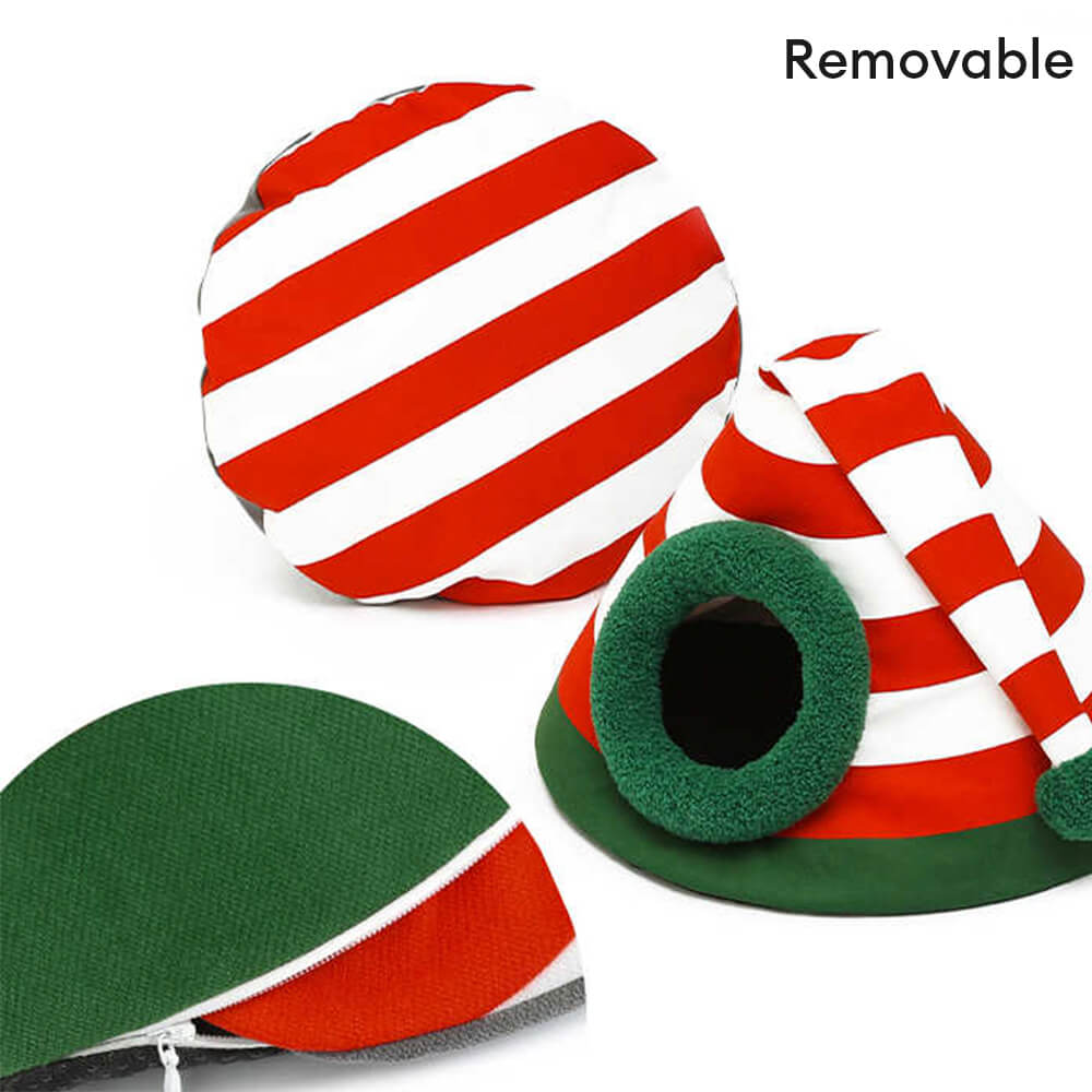 Cozy Cat Bed - Classic Christmas Hat Design, Soft Faux Lambswool, Washable 1