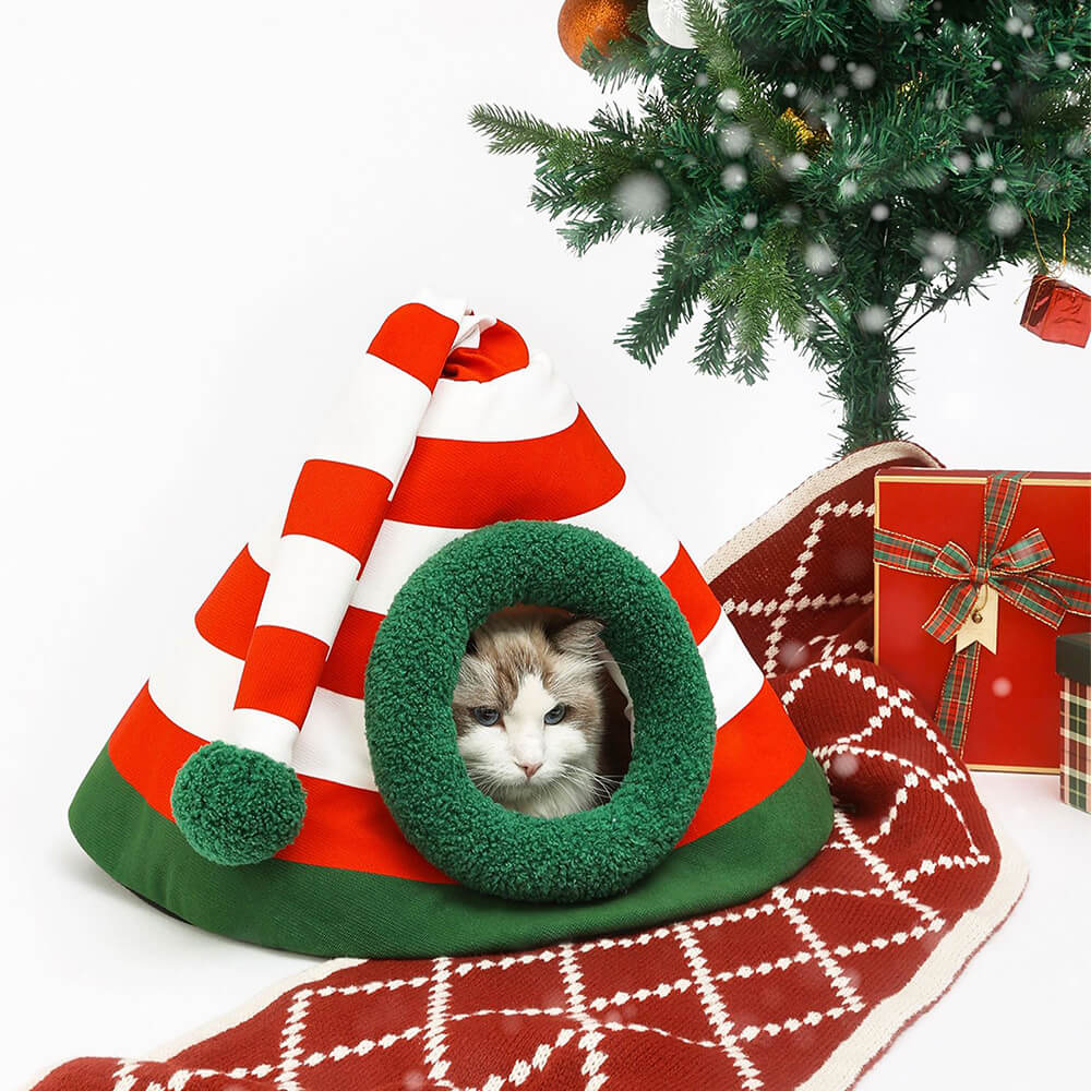 Cozy Cat Bed - Classic Christmas Hat Design, Soft Faux Lambswool, Washable 6