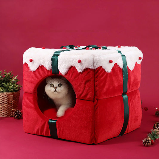 Cozy Christmas-Themed Semi-Enclosed Dog Bed & Cat Bed with Non-Slip Base 0