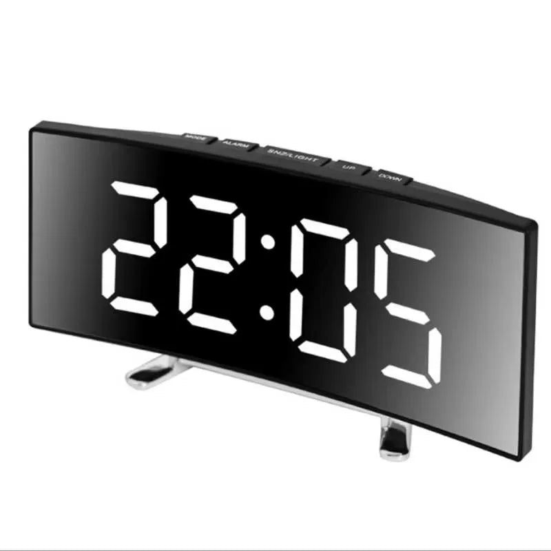 Curved LED Mirror Alarm Clock - Silent Desktop Timepiece with USB Power Supply 8