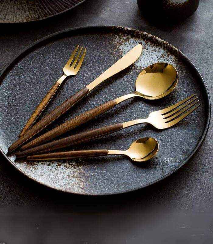 Elegant 30-Piece Stainless Steel Cutlery Set with Wooden Handles - Flatware Cutlery 0