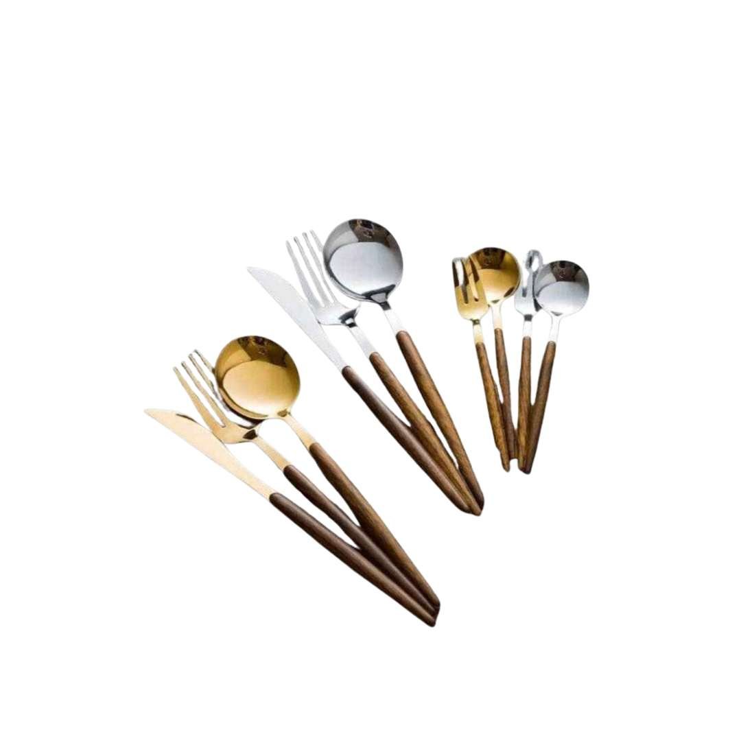 Elegant 30-Piece Stainless Steel Cutlery Set with Wooden Handles - Flatware Cutlery 1