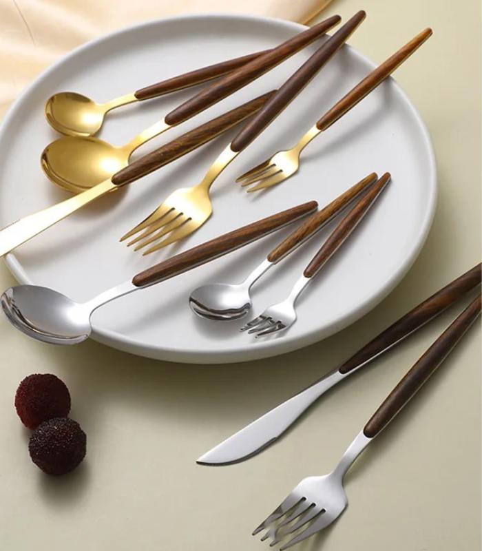 Elegant 30-Piece Stainless Steel Cutlery Set with Wooden Handles - Flatware Cutlery 3