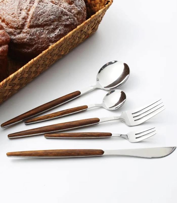 Elegant 30-Piece Stainless Steel Cutlery Set with Wooden Handles - Flatware Cutlery 4