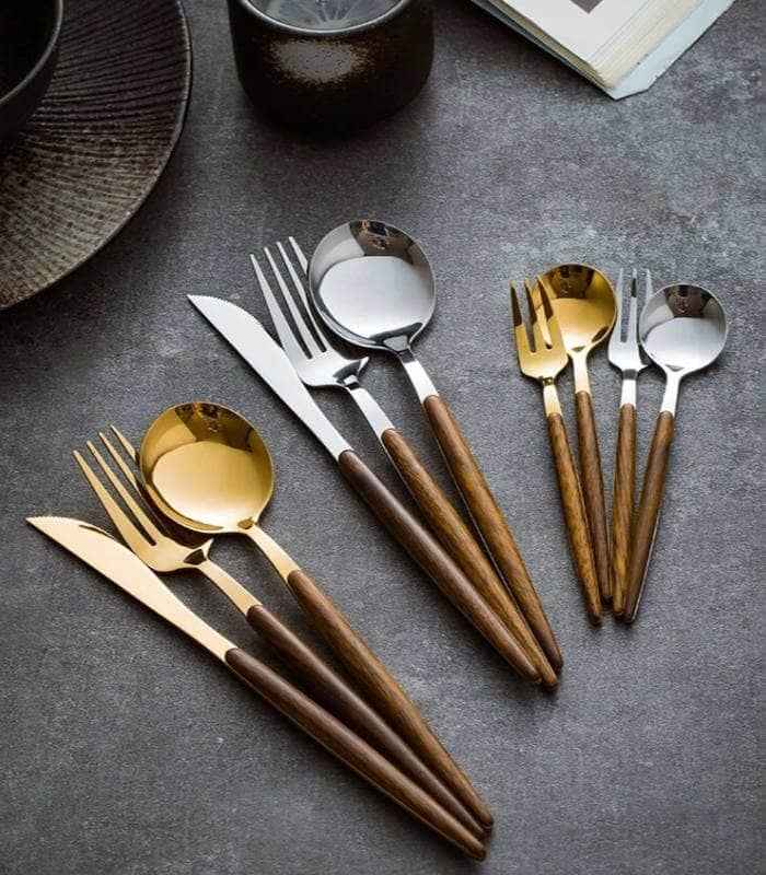 Elegant 30-Piece Stainless Steel Cutlery Set with Wooden Handles - Flatware Cutlery 6