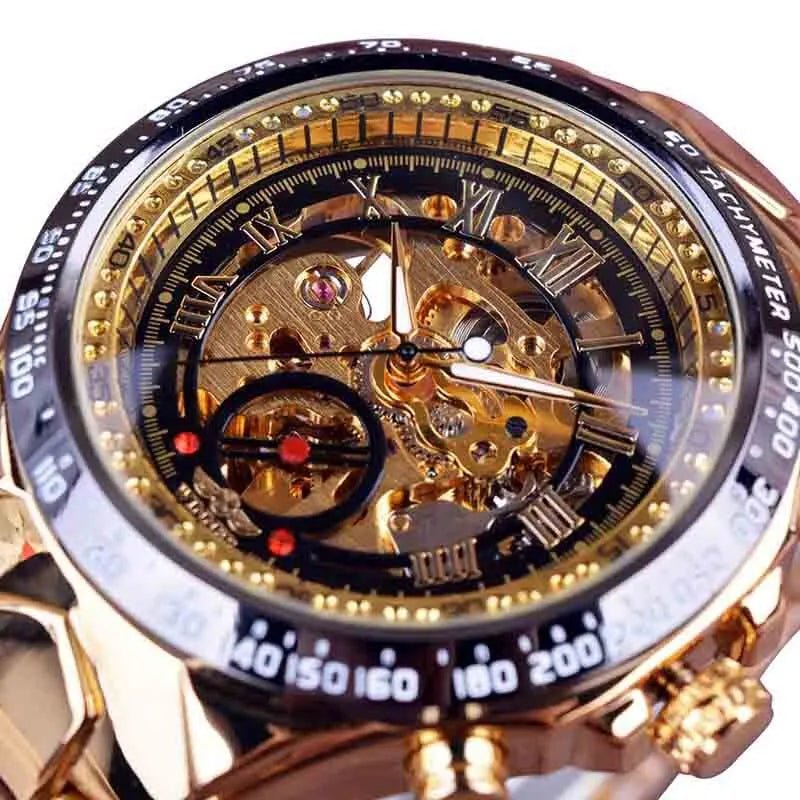 Elegant Automatic Mechanical Watch with Gold Rhinestone Bracelet - Stainless Steel Luxury Timepiece 1