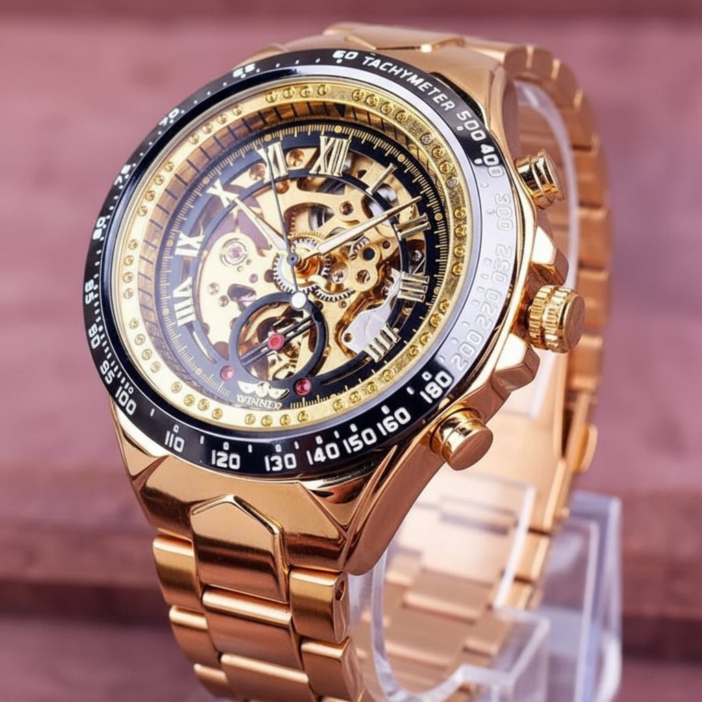 Elegant Automatic Mechanical Watch with Gold Rhinestone Bracelet - Stainless Steel Luxury Timepiece 2