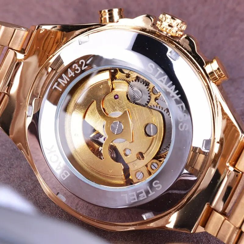 Elegant Automatic Mechanical Watch with Gold Rhinestone Bracelet - Stainless Steel Luxury Timepiece 3