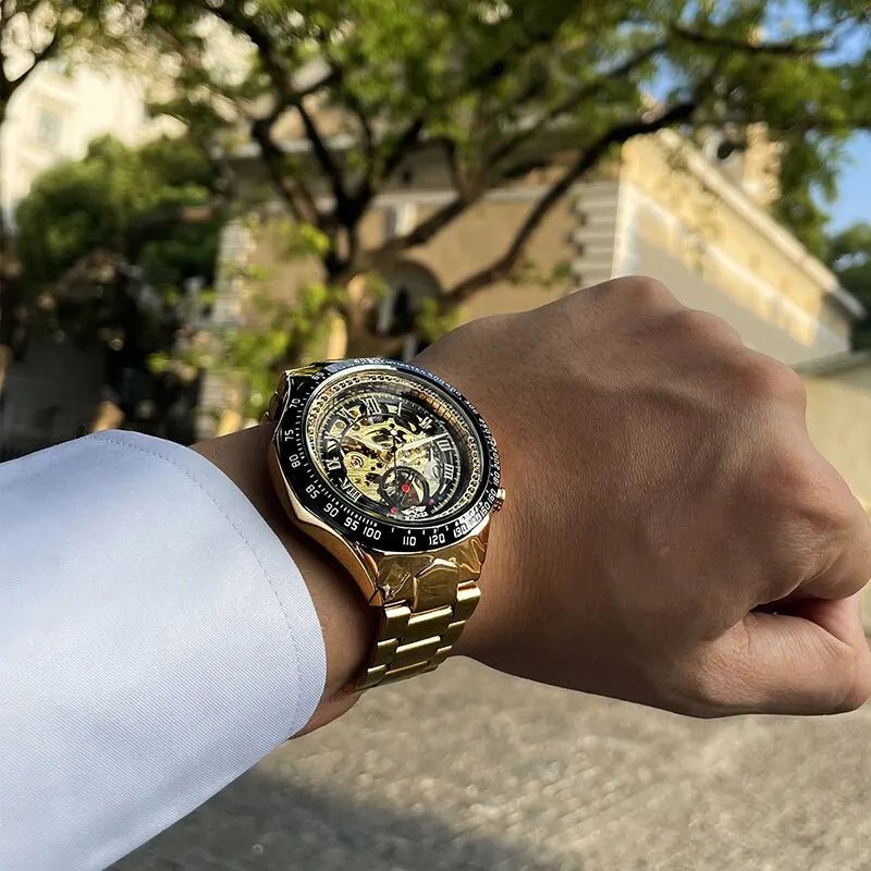 Elegant Automatic Mechanical Watch with Gold Rhinestone Bracelet - Stainless Steel Luxury Timepiece 5