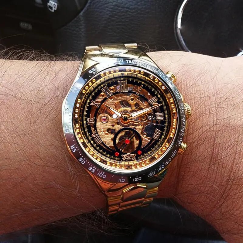 Elegant Automatic Mechanical Watch with Gold Rhinestone Bracelet - Stainless Steel Luxury Timepiece 6