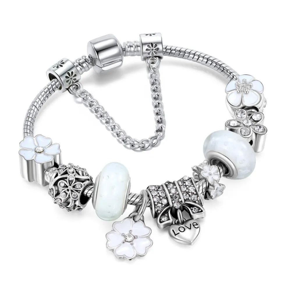 Elegant Floral Charm Bracelet in 925 Sterling Silver for Women - Nature-Inspired Design 3