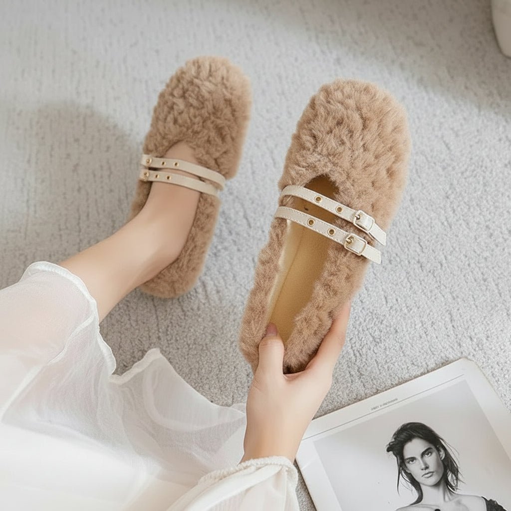 Elegant Women's Wool Fur Loafers with Double Rivets - Cozy Slip-On Design 7