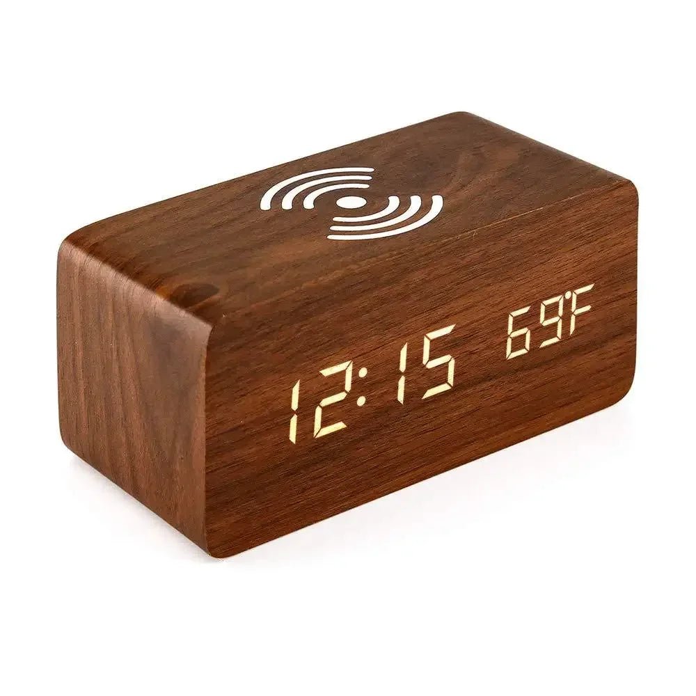 Elegant Wooden LED Digital Alarm Clock with Wireless Charging & Temperature Display 9