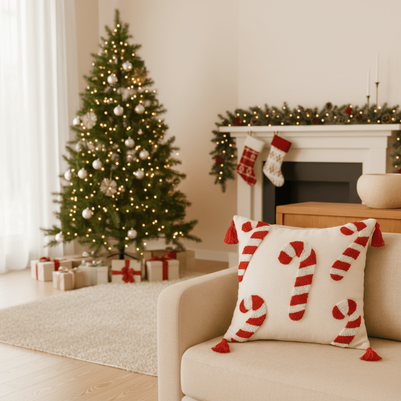 Festive Christmas Cushion Cover with Candy Cane Motif & Soft Polyester Fabric 0
