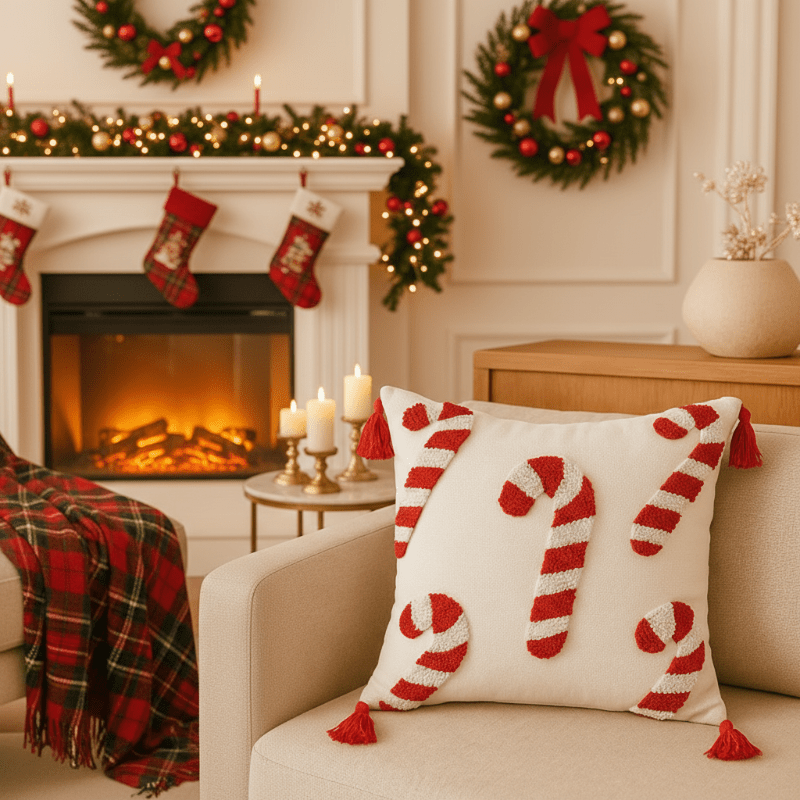 GLEAMCUSH – Festive Christmas Cushion Cover with Candy Cane Motif & Soft Polyester Fabric