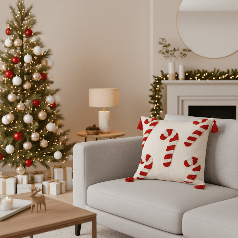 Festive Christmas Cushion Cover with Candy Cane Motif & Soft Polyester Fabric 1
