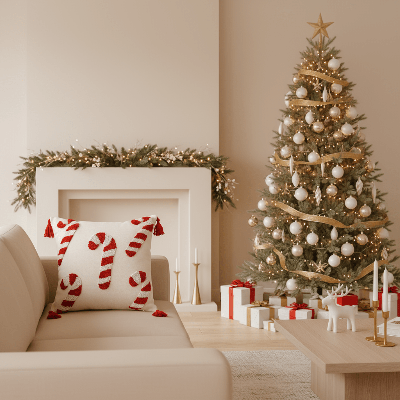 GLEAMCUSH – Festive Christmas Cushion Cover with Candy Cane Motif & Soft Polyester Fabric