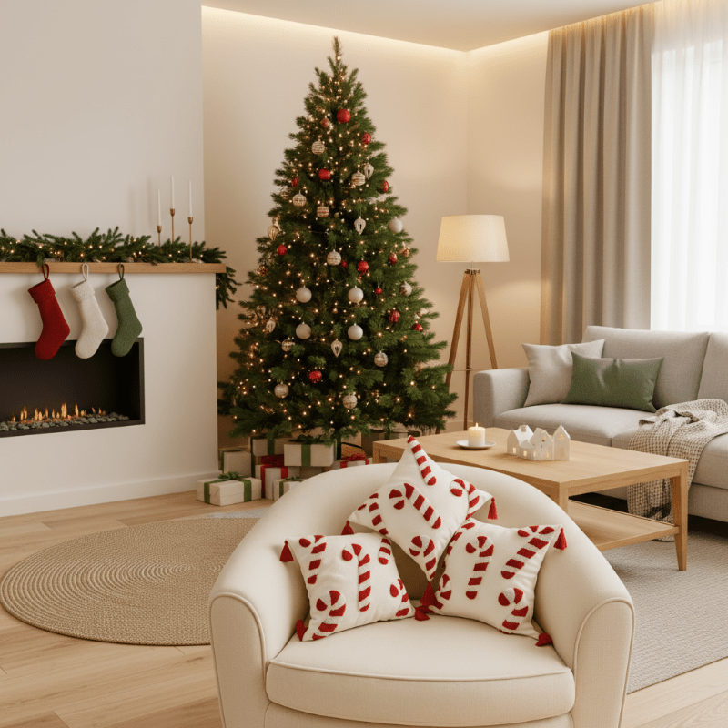 Festive Christmas Cushion Cover with Candy Cane Motif & Soft Polyester Fabric 2