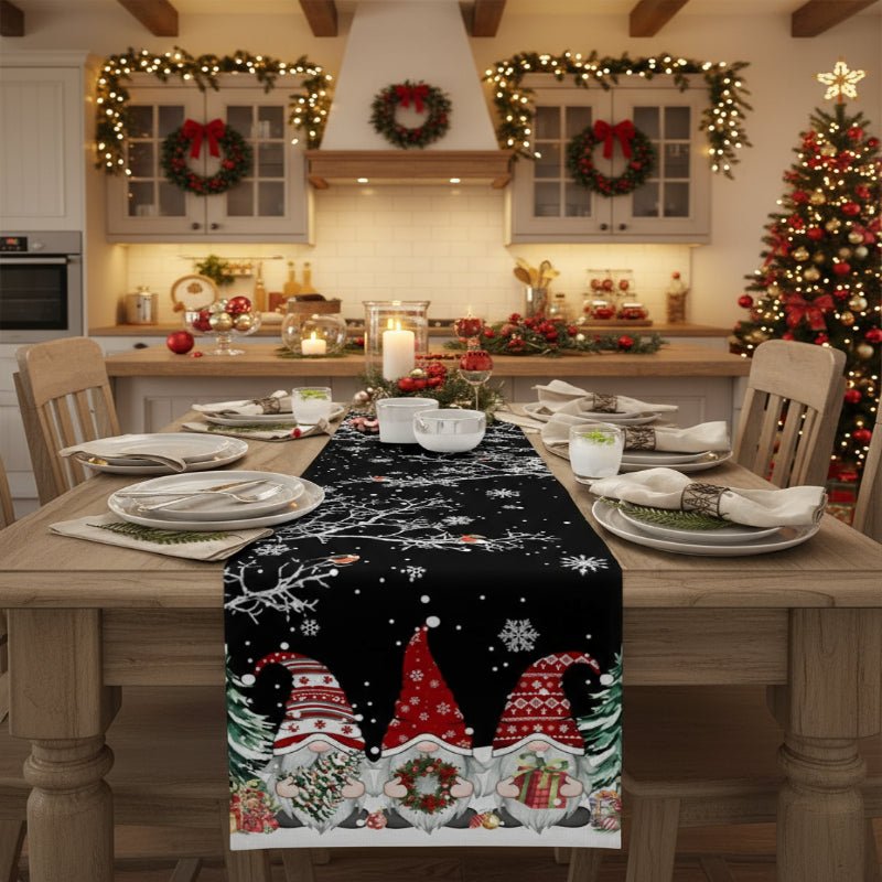 Festive Gnome - Snowflake Design Linen Christmas Table Runner, Durable & Elegant 0