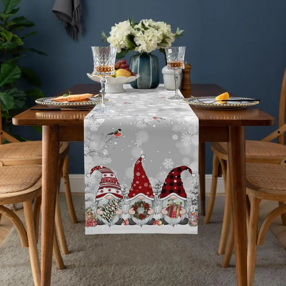 Festive Gnome - Snowflake Design Linen Christmas Table Runner, Durable & Elegant 1