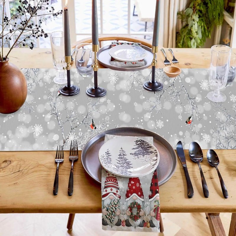 Festive Gnome - Snowflake Design Linen Christmas Table Runner, Durable & Elegant 2