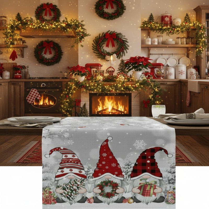 Festive Gnome - Snowflake Design Linen Christmas Table Runner, Durable & Elegant 3