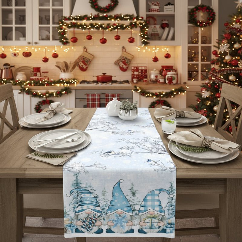 Festive Gnome - Snowflake Design Linen Christmas Table Runner, Durable & Elegant 6