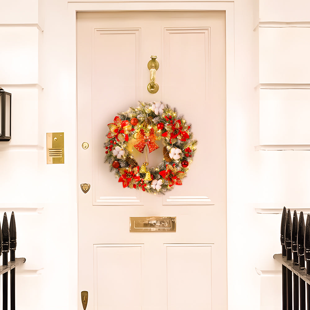 Festive LED Christmas Wreath with Bells, Red Bows & Ornaments - Warm Glow Decor 2