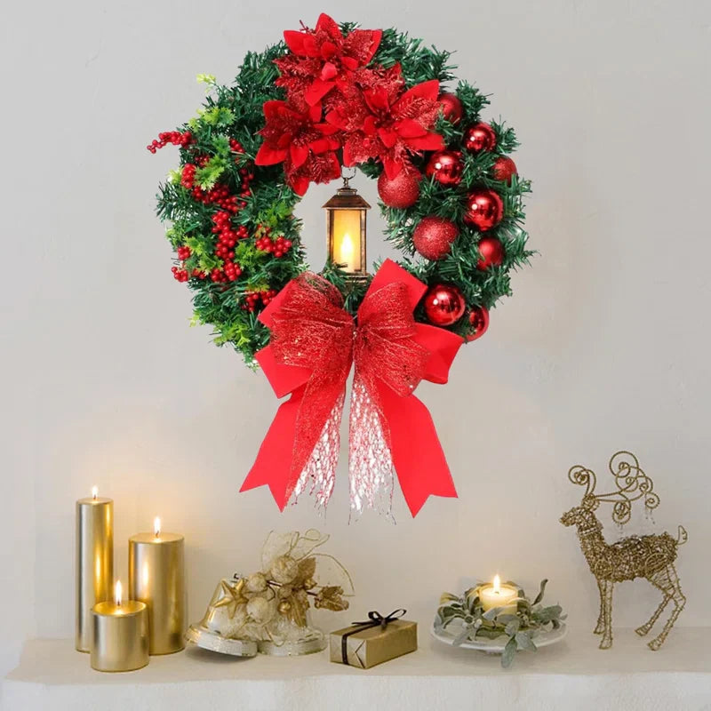 Festive LED Lantern Christmas Wreath with Red Bow & Ornaments - Warm Glow Decor 1