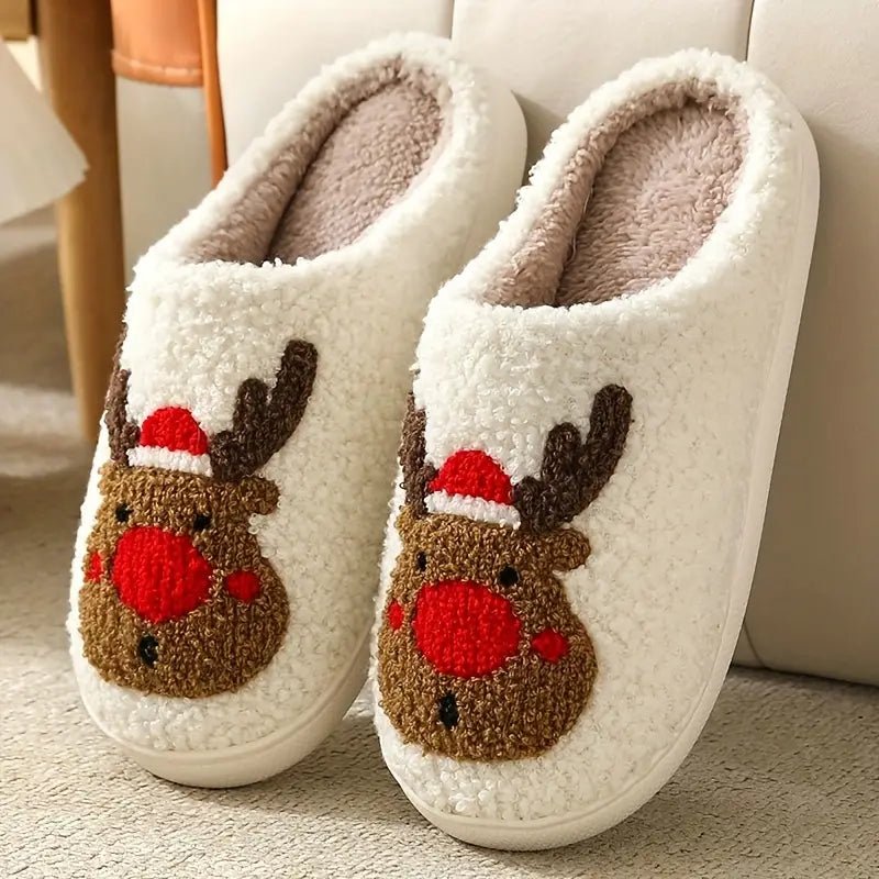 FluffSteps Cartoon Christmas Deer Print Warm Non-Slip Slippers for Winter 2