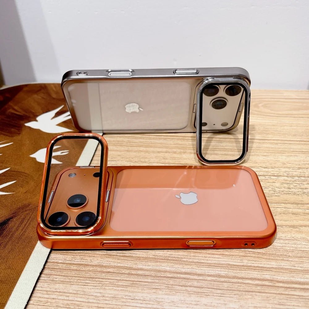 Foldable Glass Camera Stand Holder Case for iPhone 17 Series - Ultra-Thin, Shockproof, Transparent Design 1