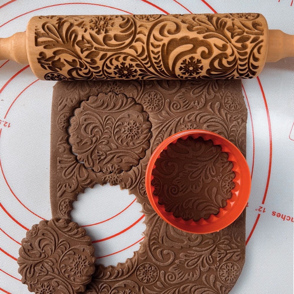 Handcrafted Embossed Rolling Pin - Festive Baking Tool with Cookie Cutters 8