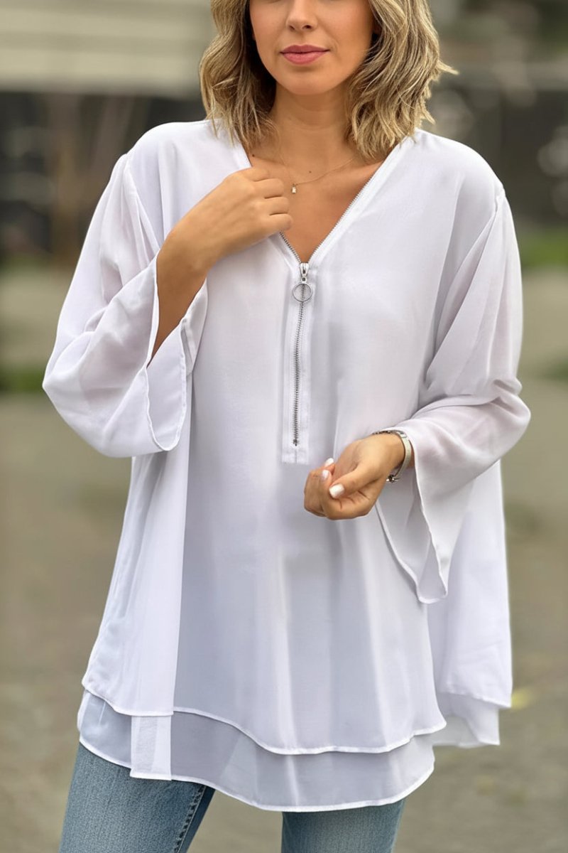 FLOWZÉN – Lightweight Chiffon Zip Top for Effortless V-Neck Styling